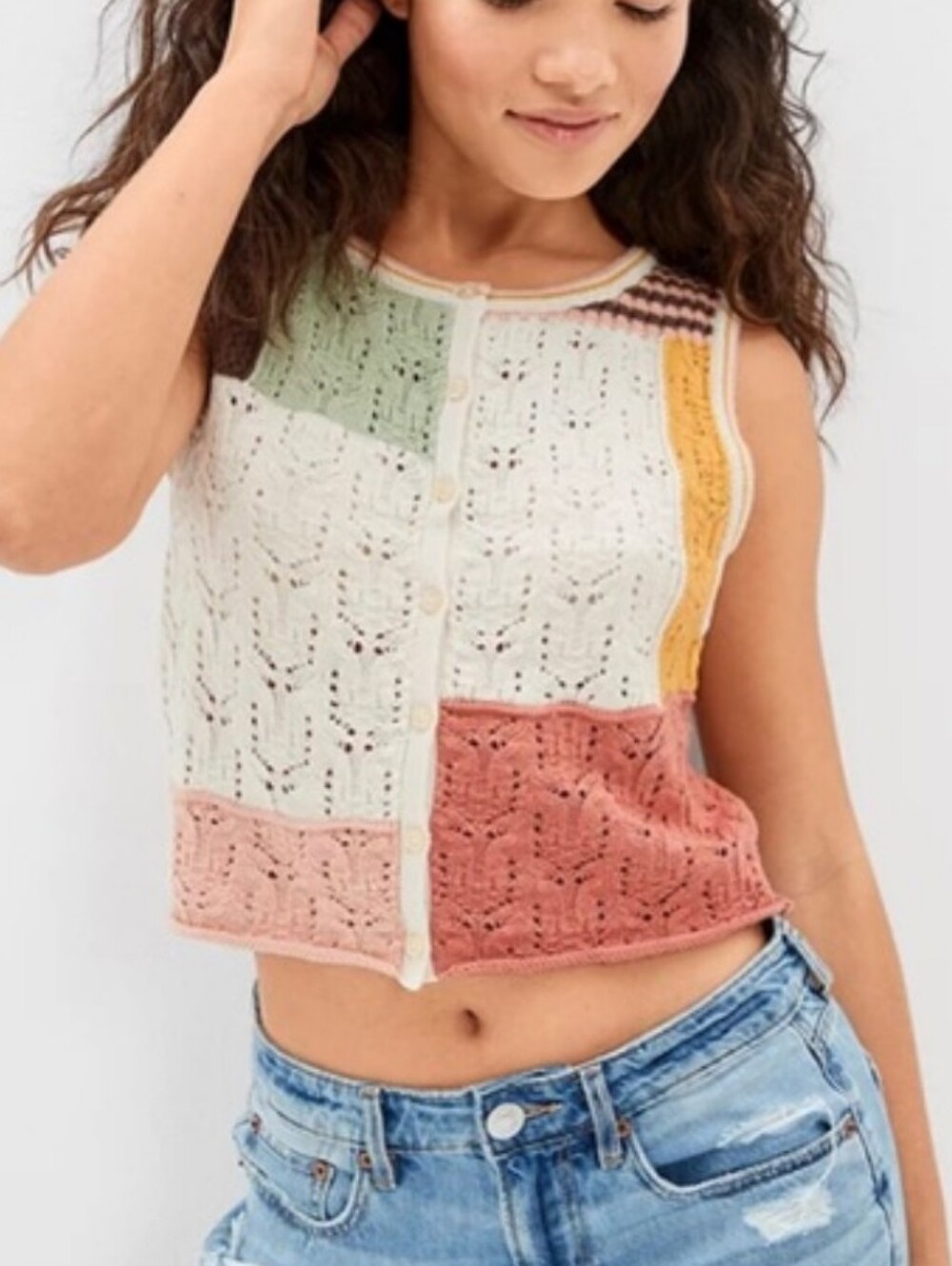 American Eagle Outfitters Crochet Knit Buttoned Vest